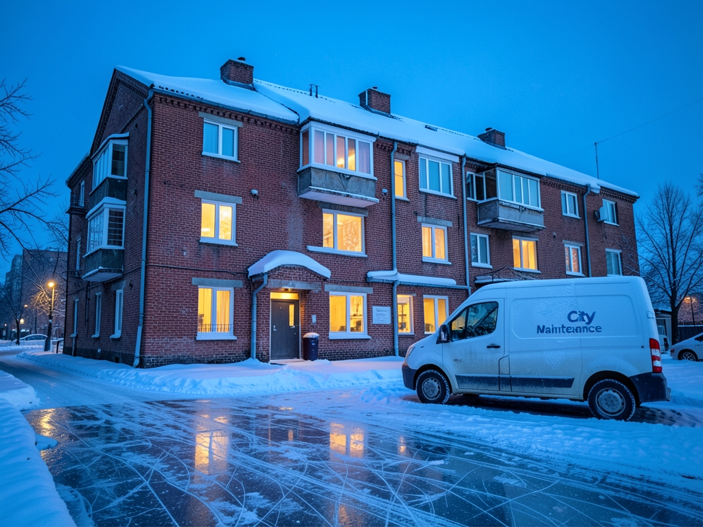 Snow covered brick apartment building blue winter dusk with