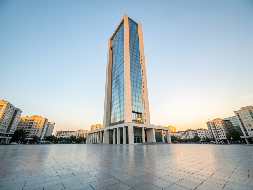 Modern municipal office tower glass pale concrete sunrise