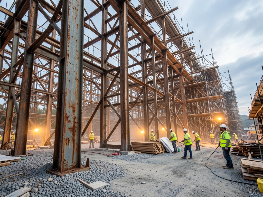 Active construction site with steel frames timber scaffolding