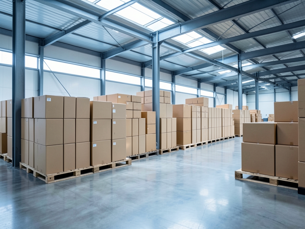 Spacious modern logistics warehouse interior with rows sealed