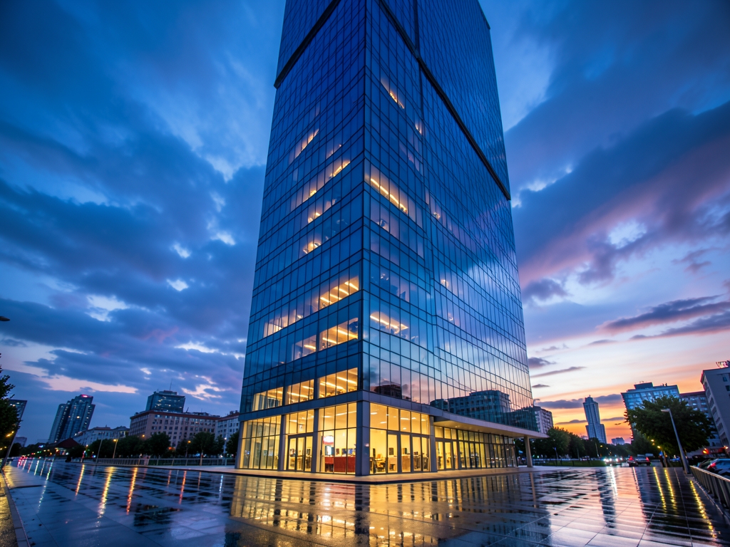 Sleek glass office tower exterior dusk with reflective
