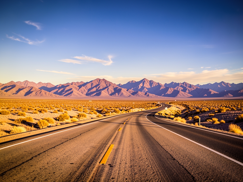 Wide desert highway golden sunrise winding toward distant