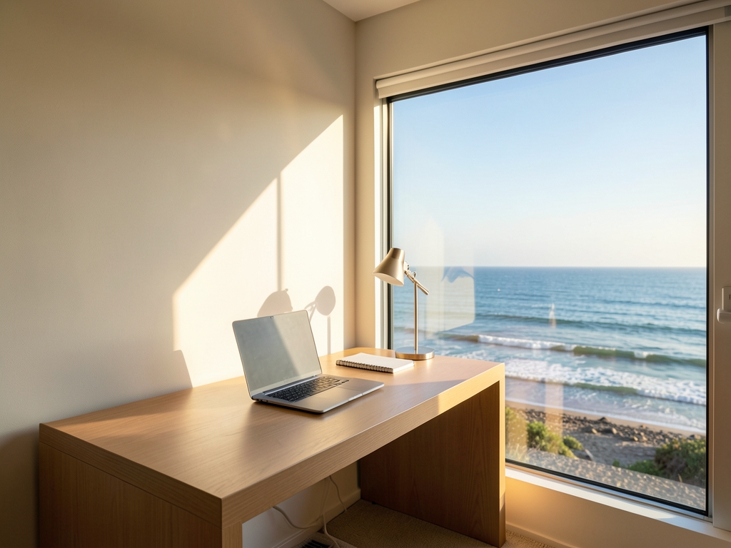 Sunlit minimalist home office with wooden desk large