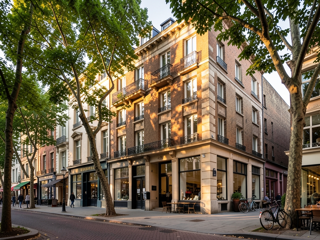sunlit streetscape mixed height buildings with ground floor storefronts upper floor
