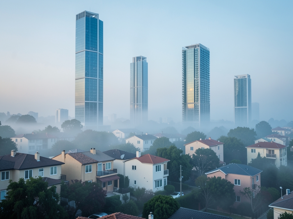 misty morning over dense mixed use neighborhood where slender