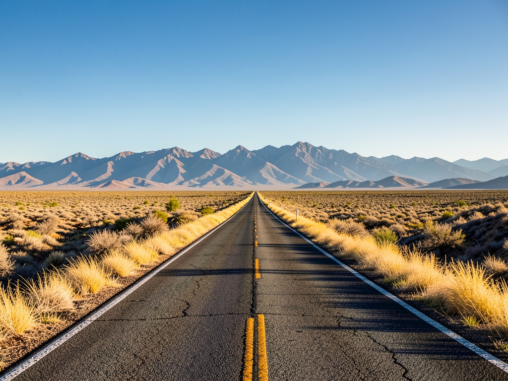 vast sunlit California valley with long straight asphalt