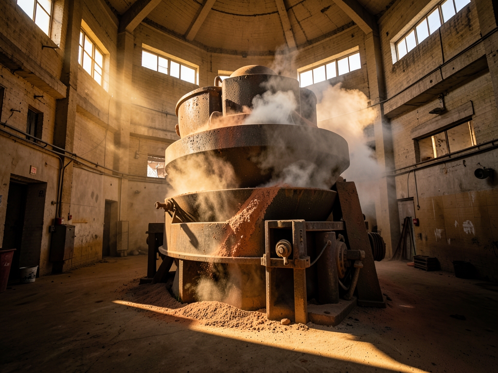 Sunlight filters through vast industrial kiln interior illuminating