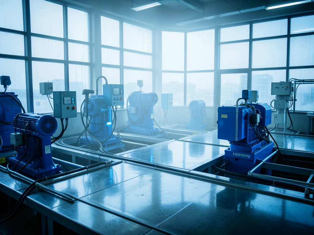 Misty operations center with steel platforms blue lit machinery