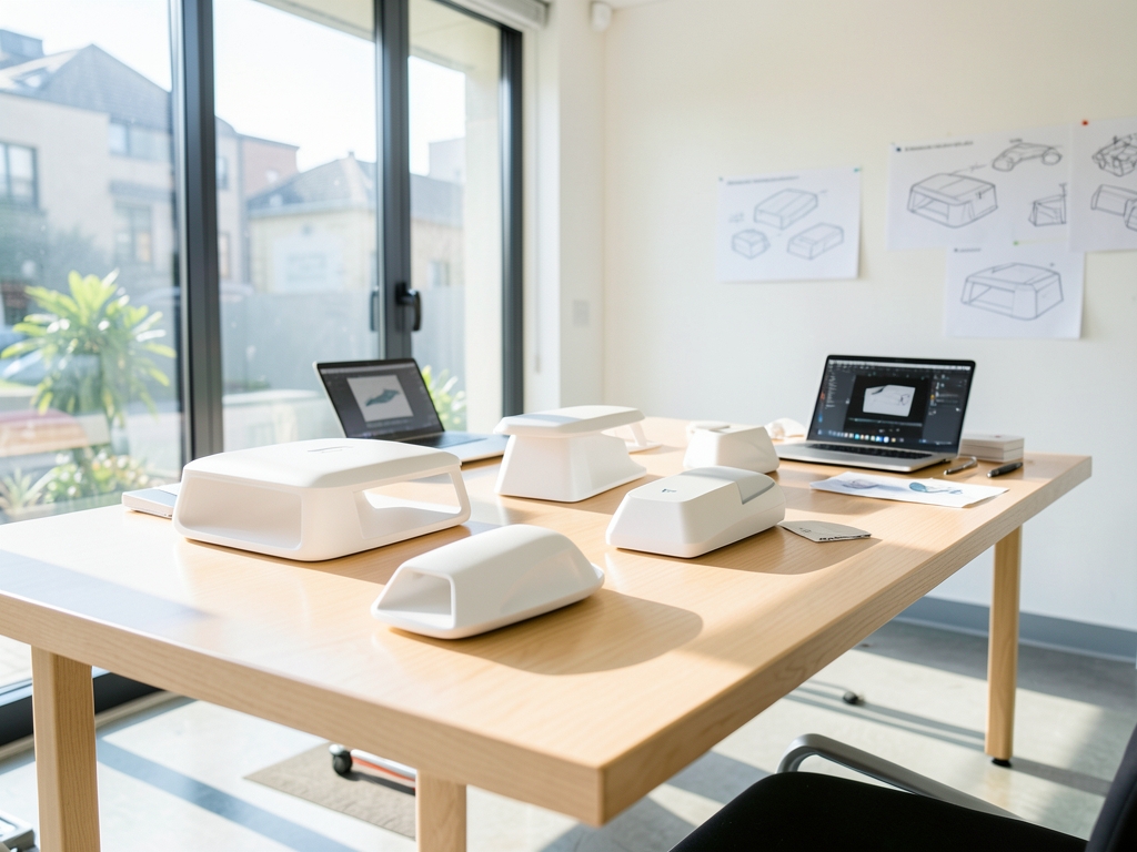 Sunlit product design studio with pale tables white