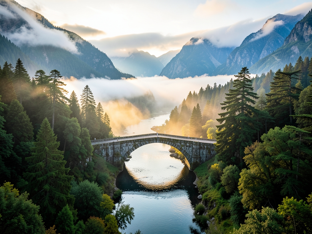 wide shot misty mountain valley dawn where rapidly
