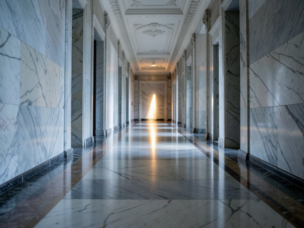 long perfectly symmetrical marble corridor stretching into soft