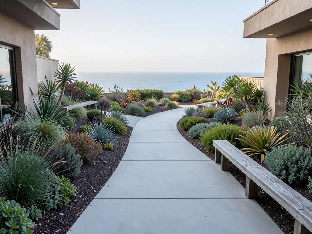 sheltered California office courtyard divided into neat garden
