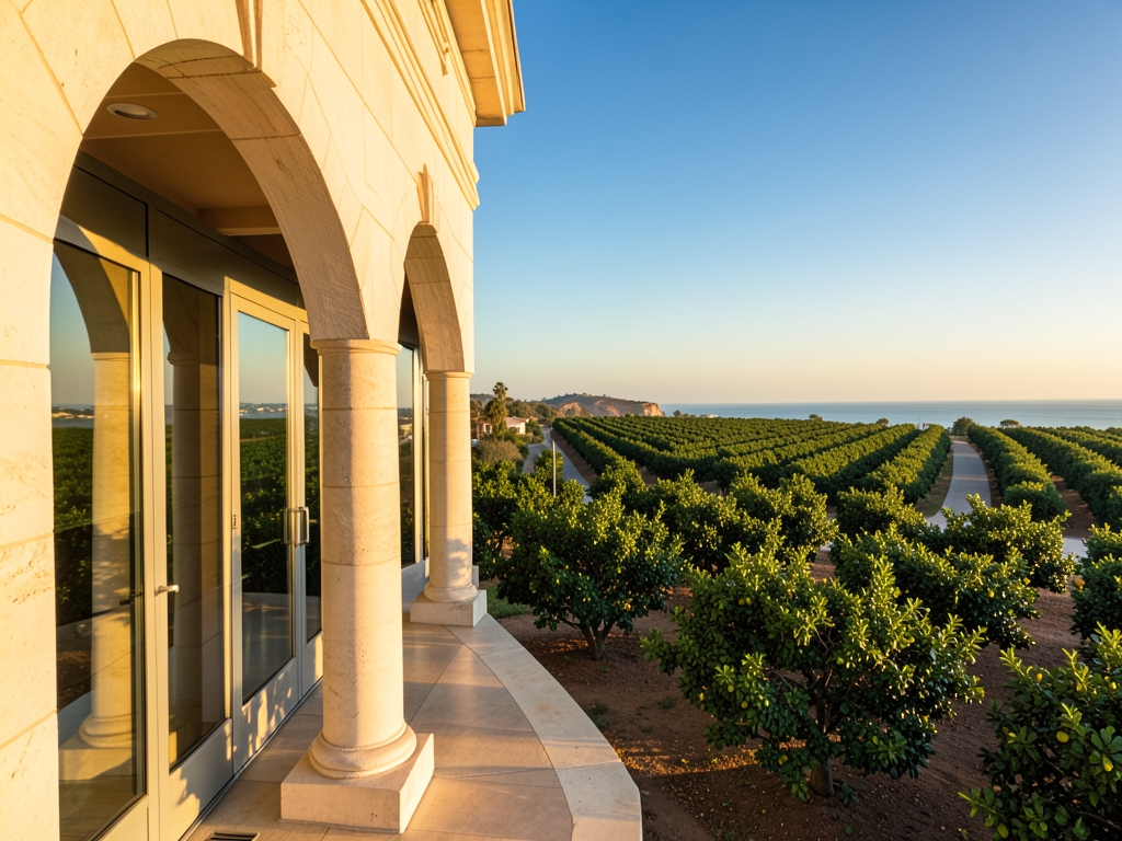 sunlit California courthouse colonnade opening onto orderly citrus