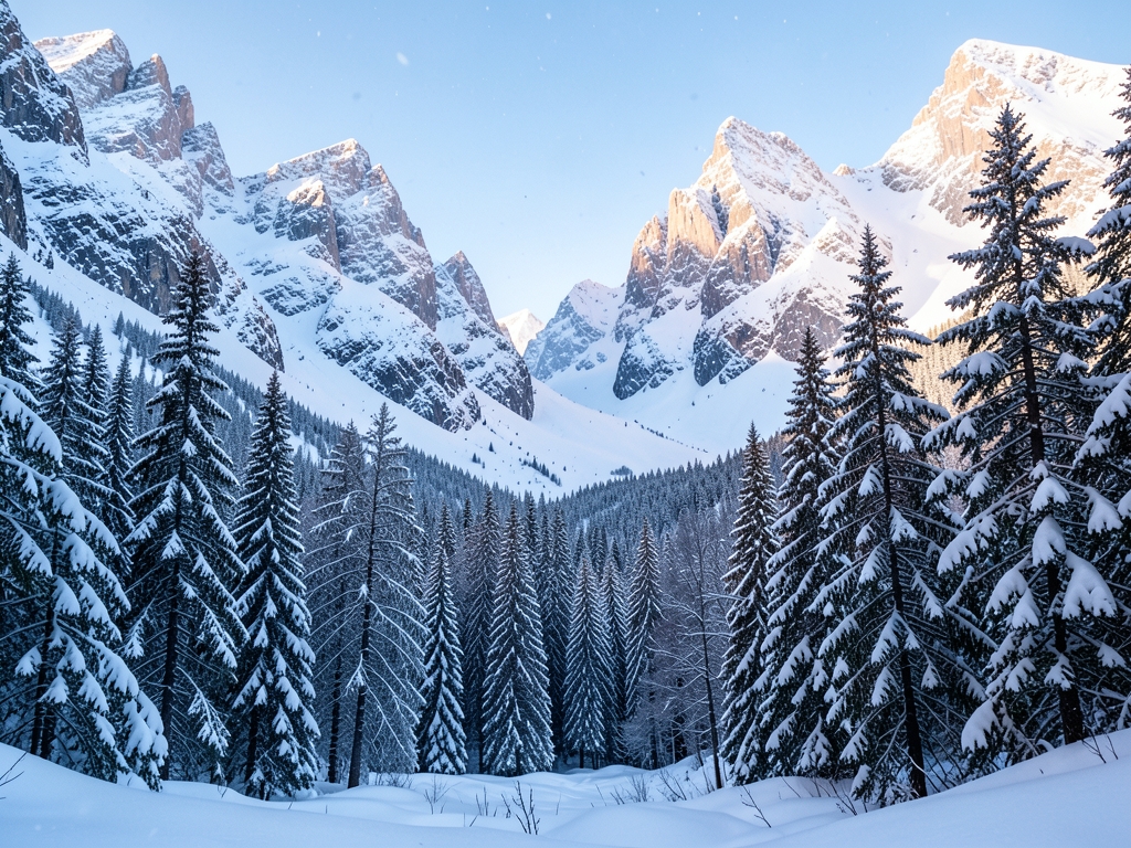 Snow covered mountain valley dawn with pine forest pale