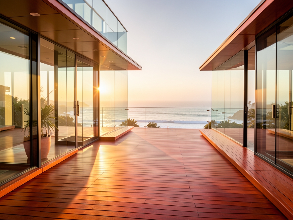 Modern California coastal office courtyard golden hour with