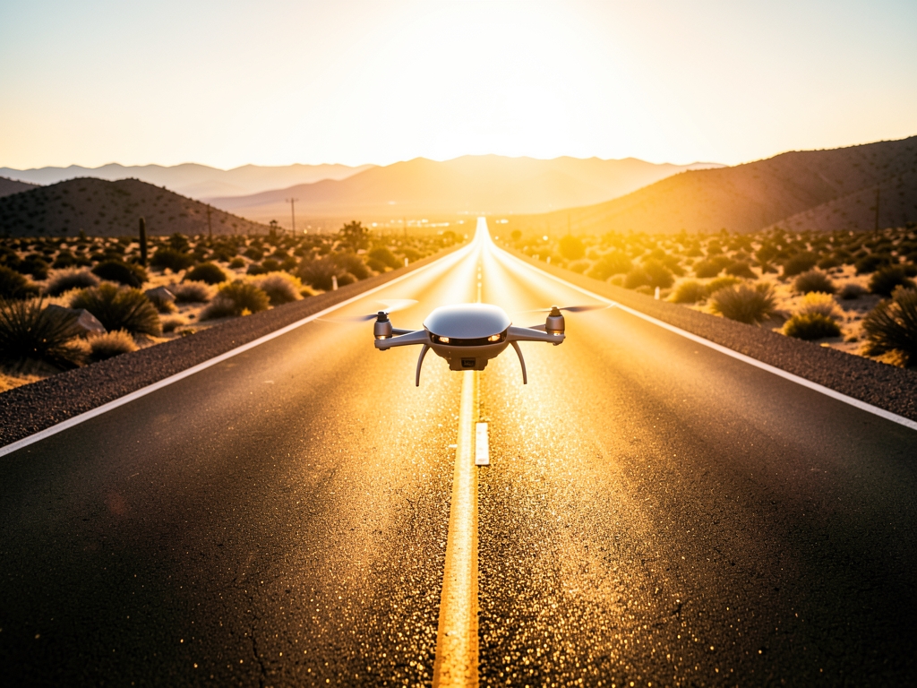 Sun drenched California desert highway stretching toward horizon shimmering