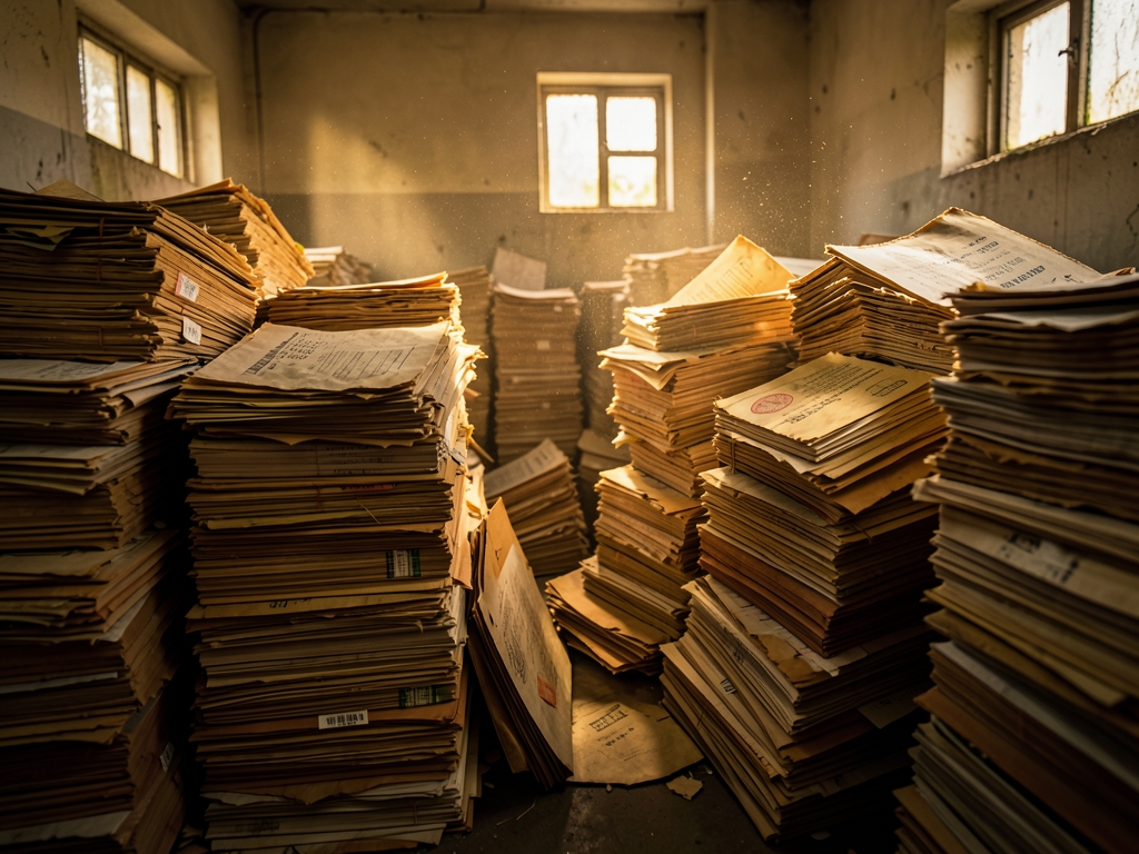 Dimly interior weathered mid century government archive room filled