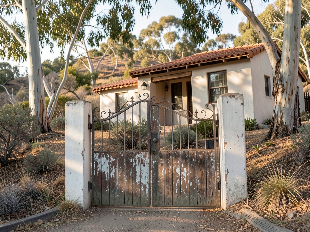 Sunlight filters through eucalyptus branches onto weathered wooden