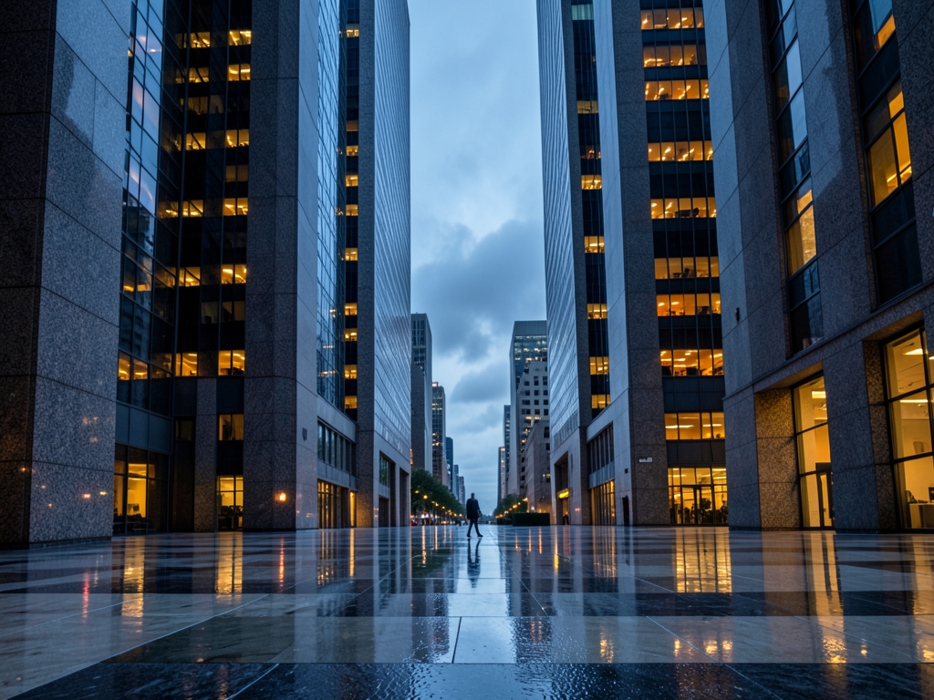 Rain slicked financial district plaza dusk monolithic granite glass