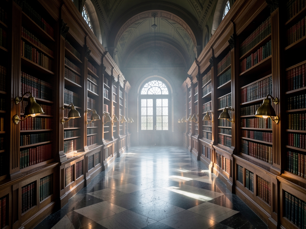 Vast neoclassical archive hall with towering shelving brass