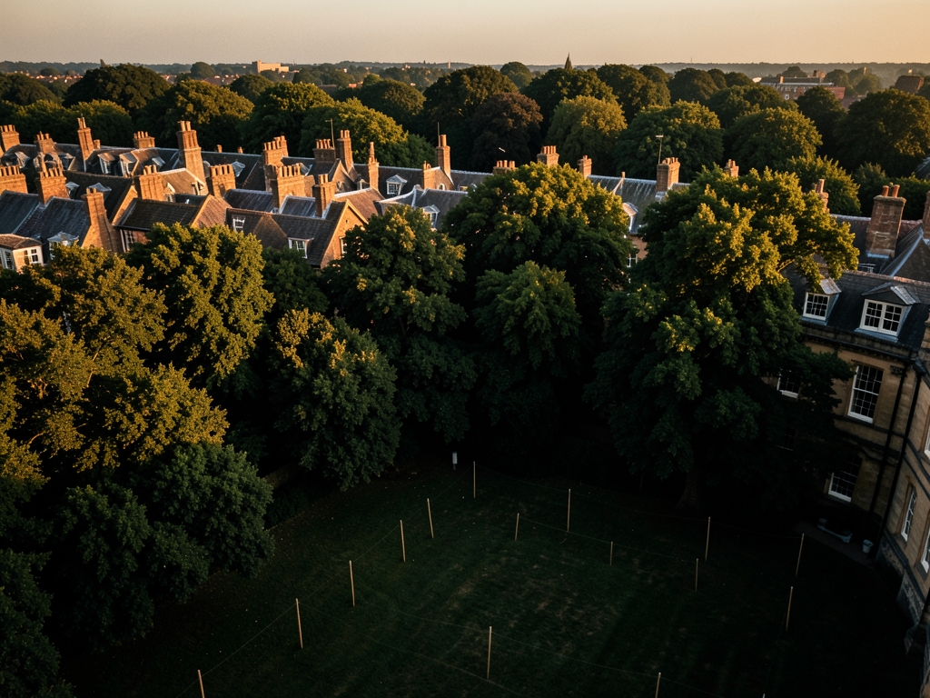 Wide aerial view Cambridge rooftops dense tree canopy