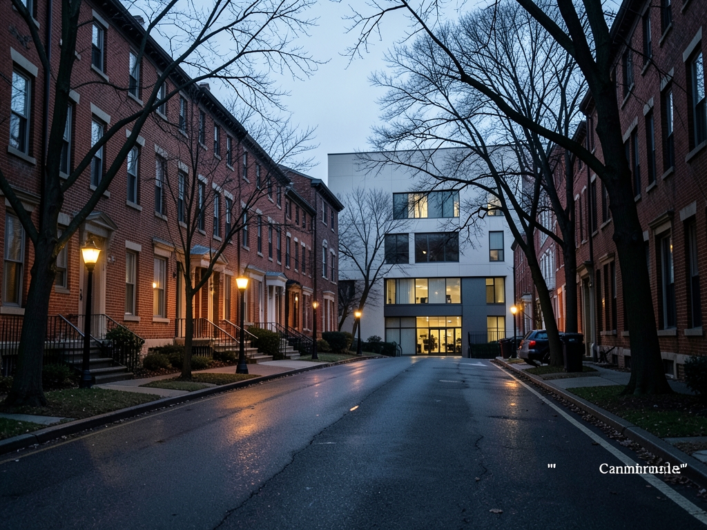 quiet Cambridge Massachusetts street dusk with brick triple decker