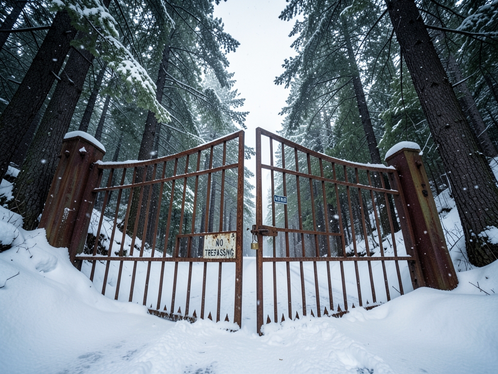 Snowy mountain road halted heavy steel gate dense