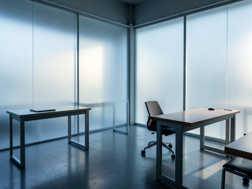Frozen modern studio interior with frosted glass walls