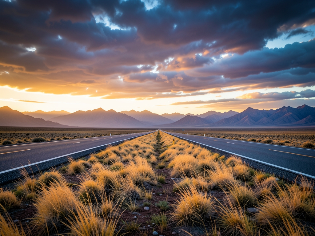 Wide desert highway forking into directions under dramatic