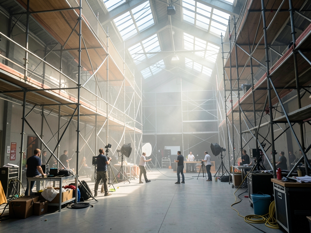 Spacious modern film production studio with steel scaffolding
