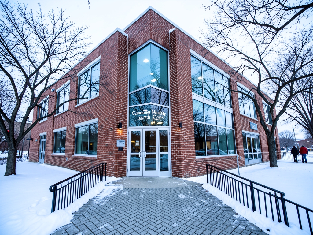 bright Canadian community health center exterior late winter