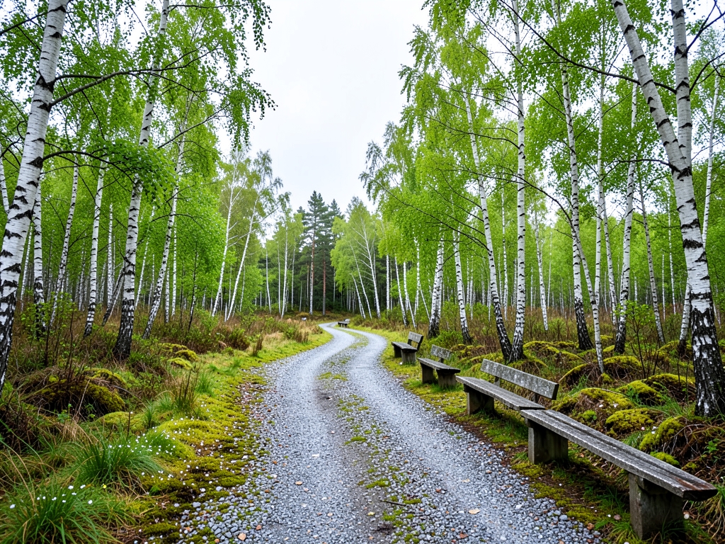 winding gravel path through sparse birch forest under