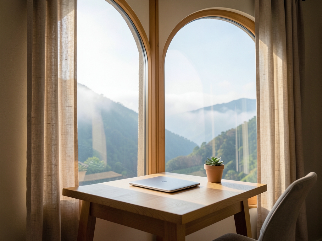 sunlit minimalist wooden desk tall window overlooking misty