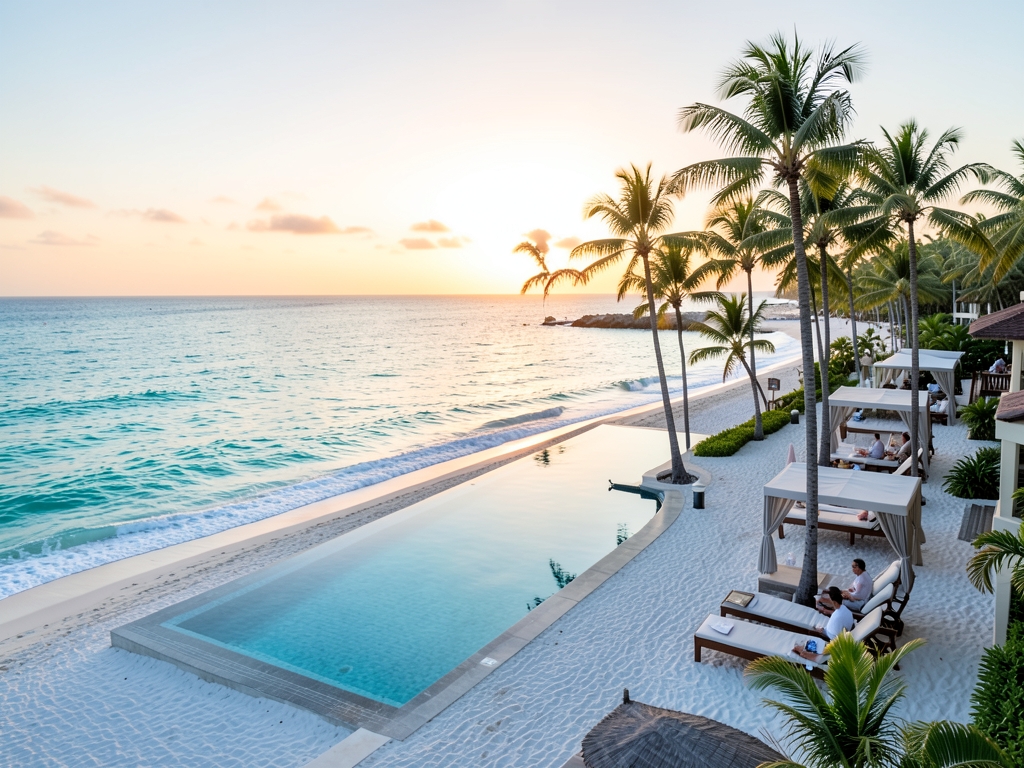 Luxury Cancun beachfront resort sunset turquoise sea white