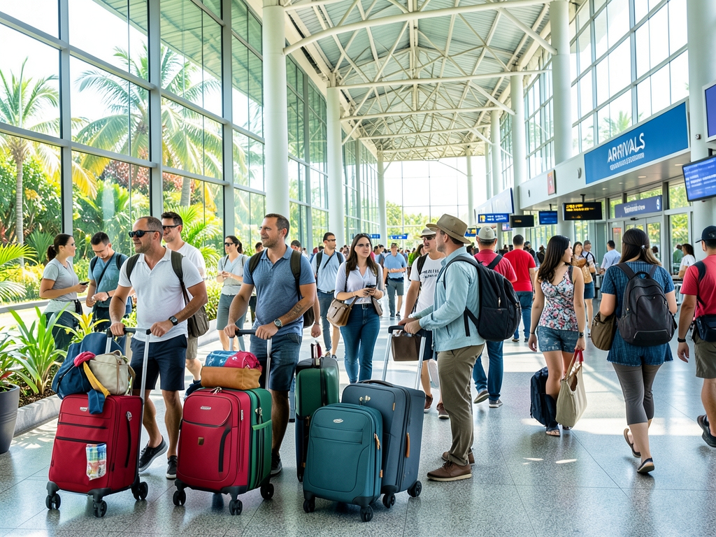 Open air tropical airport arrivals corridor with travelers luggage