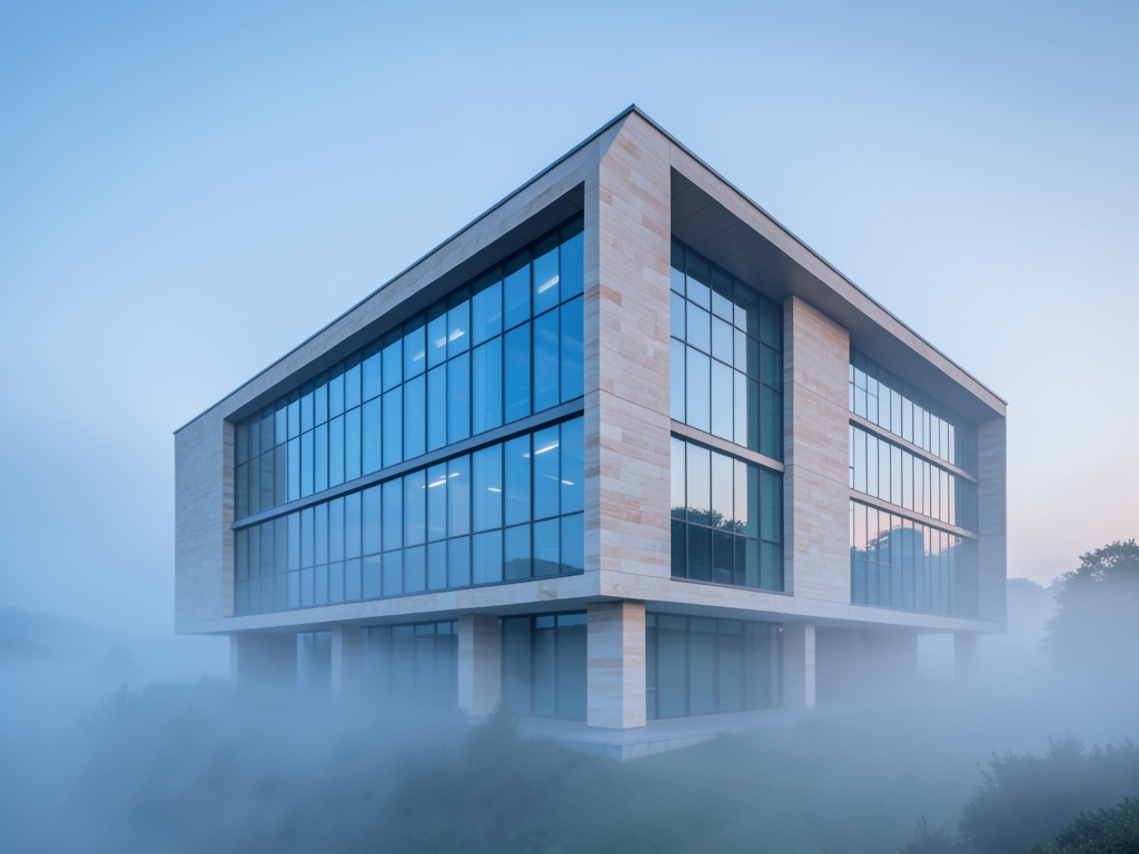 Modern glass limestone university research building dawn sharp