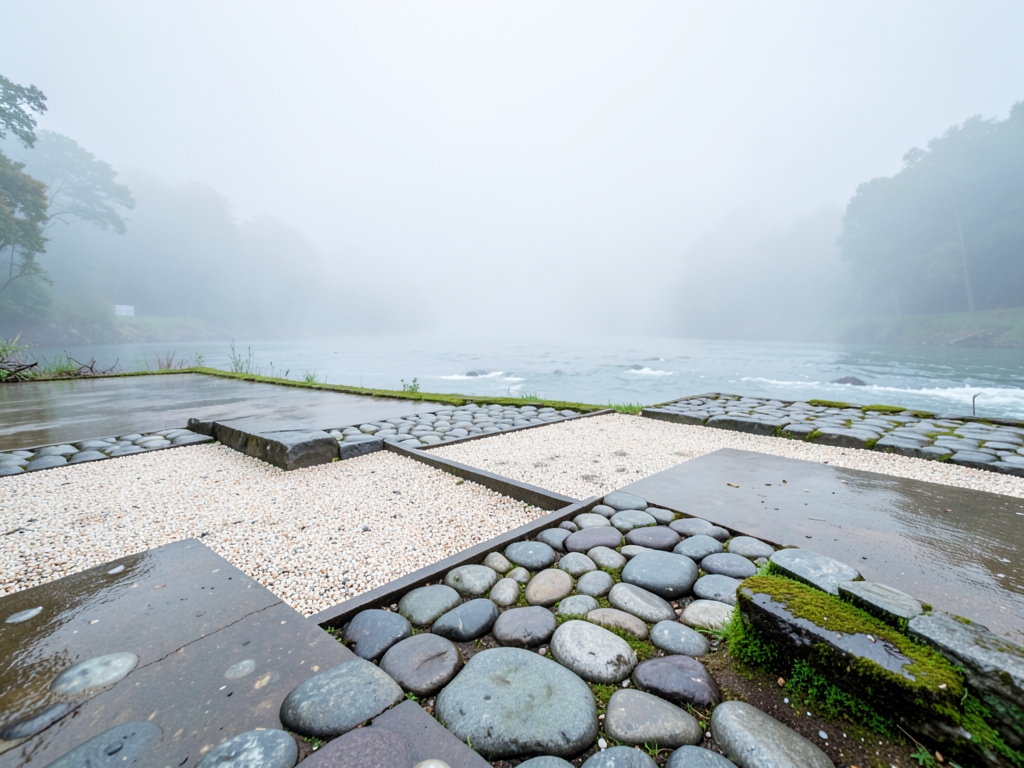 Quiet minimalist stone courtyard with geometric walkways leading