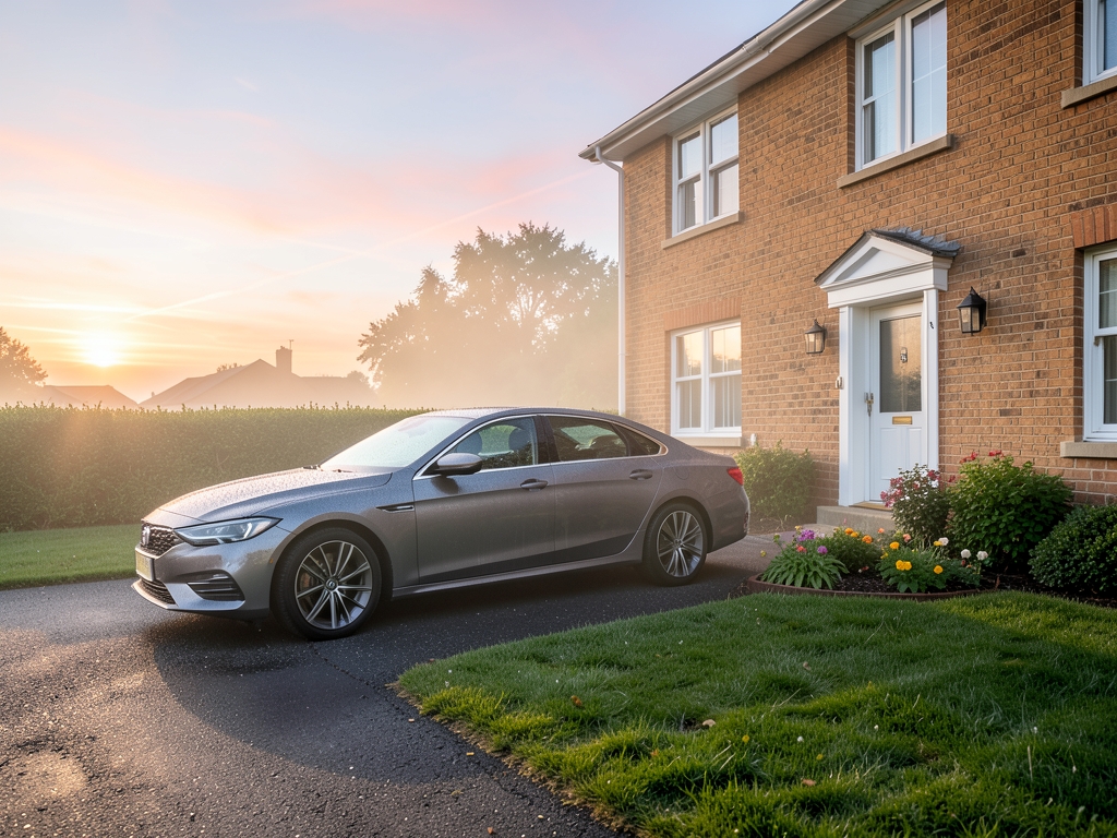 Quiet suburban driveway dawn with parked sedan beside