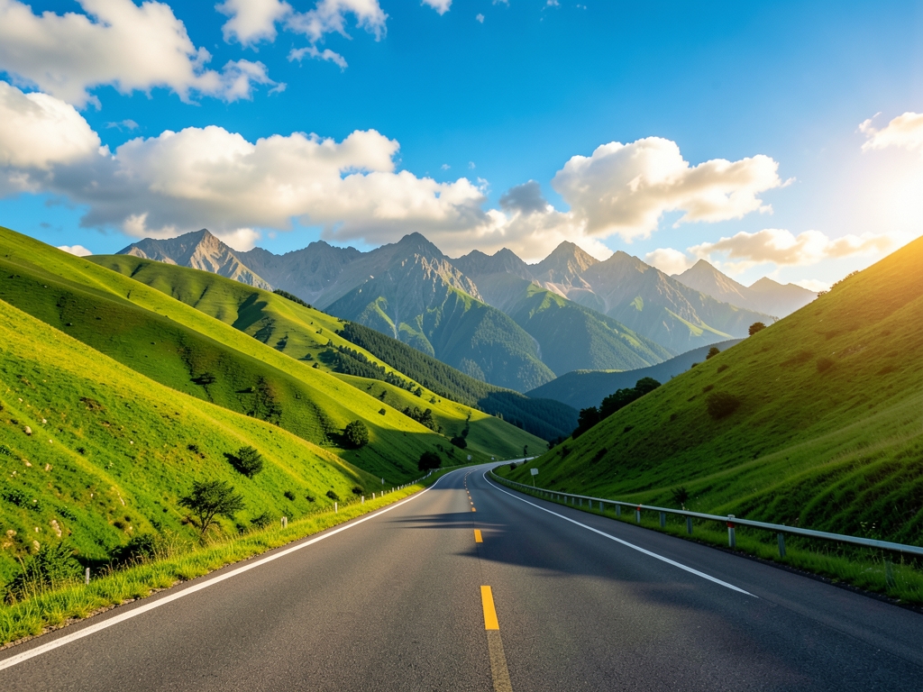 Open highway curving through rolling green hills under
