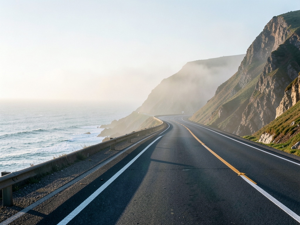 Empty coastal highway dawn with mist over smooth