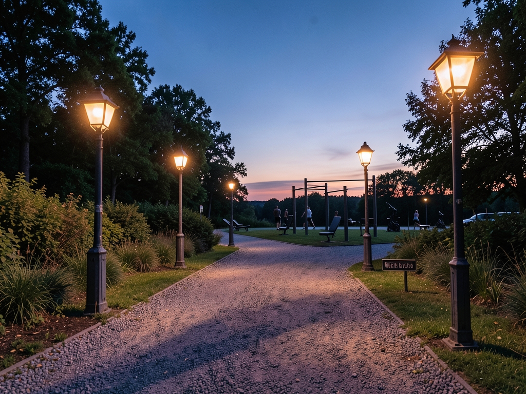 Twilight settles over outdoor fitness trail soft glow
