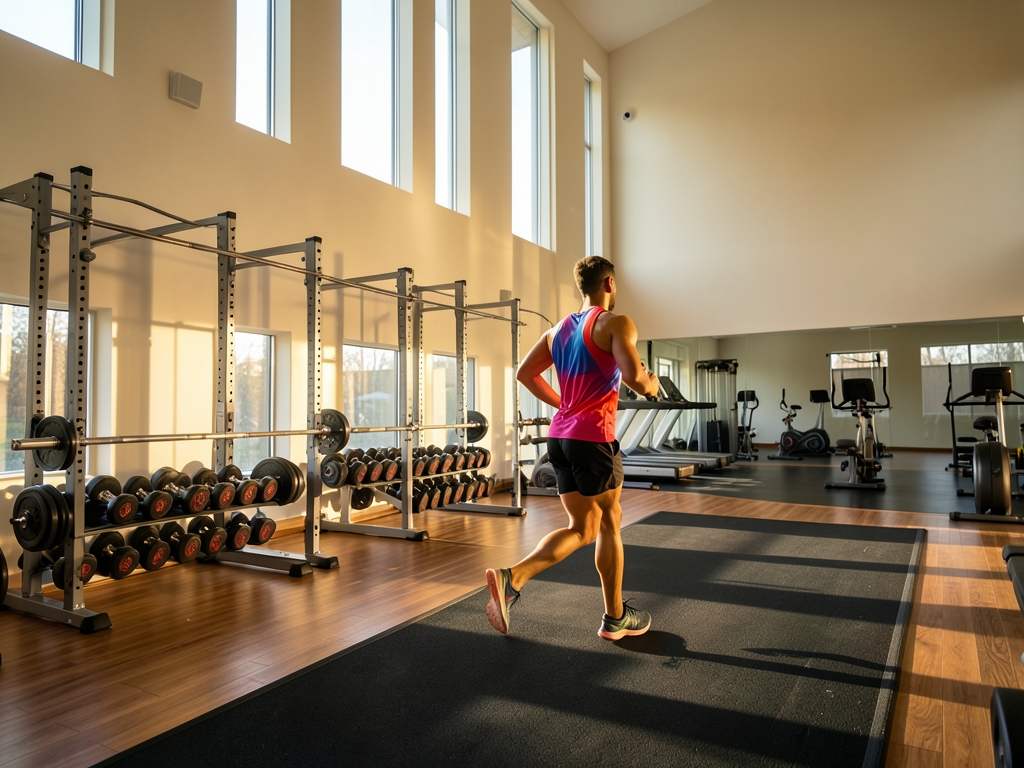 Sunlight filters through tall windows sleek gym illuminating