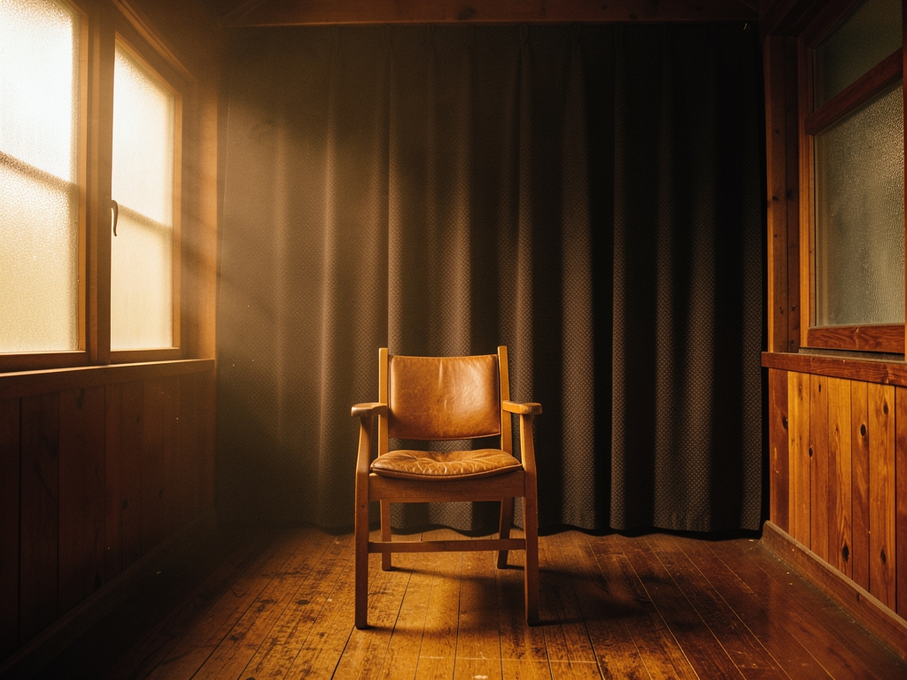 dimly wooden recording room with soft amber light