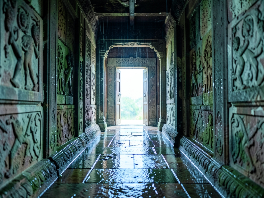 rain soaked stone corridor building pale daylight narrowing toward