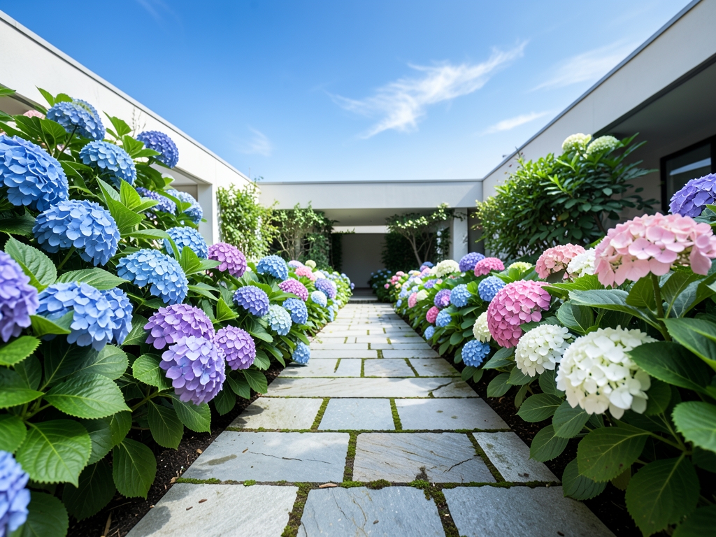 open air courtyard garden featuring stone pathways blooming hydrangeas