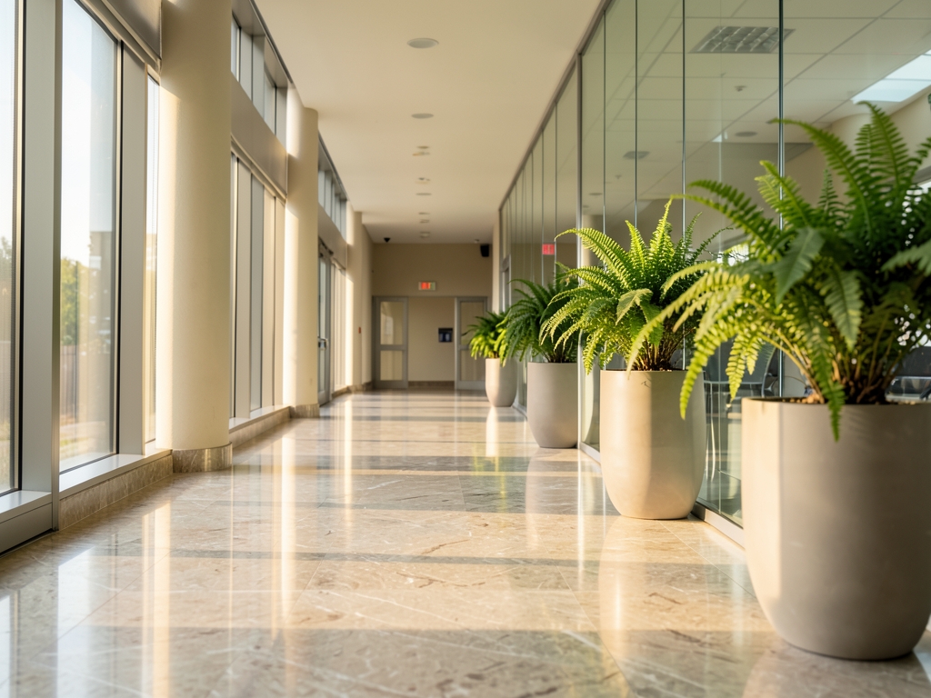 sunlit hospital corridor with polished marble floors reflecting