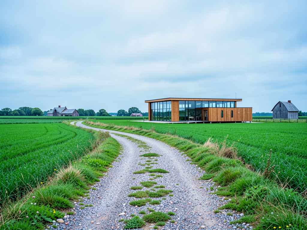 Winding gravel path through farmland leading toward modern