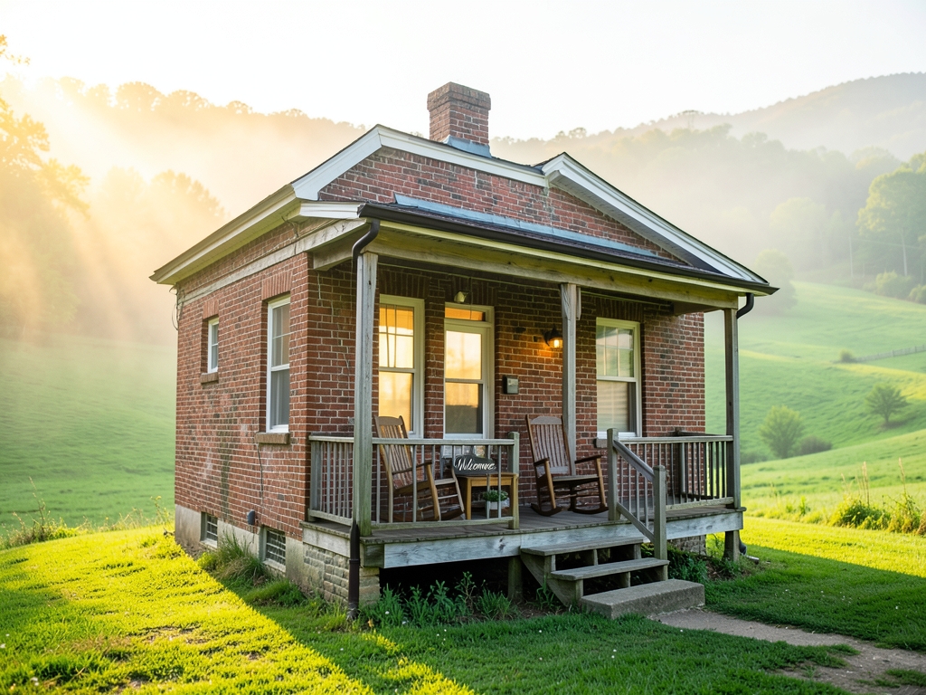 Small brick community health building with wooden porch