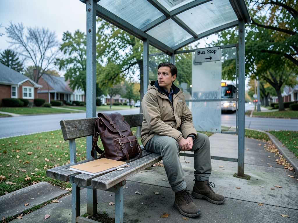 Overcast afternoon suburban transit shelter with backpack blank