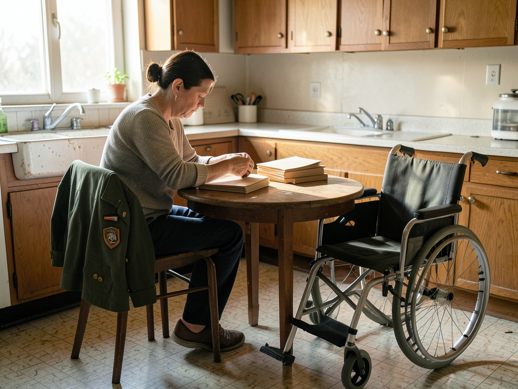 Soft morning light modest kitchen where caregiver sorts